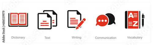 A set of 5 Language icons as dictionary, text, writing