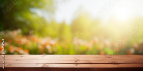 Empty wooden brown table in beautiful blurred spring landscape  wood plank board with green grass and flowers . Beauty bokeh and sunlight. horizontal background or wallpaper  copy space
