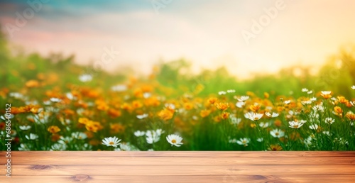 Empty wooden brown table in beautiful blurred spring landscape, wood plank board with green grass and flowers . Beauty bokeh and sunlight.,horizontal background or wallpaper, copy space