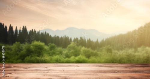 Empty wooden brown table in beautiful blurred spring landscape, wood plank board with trees and forest . Beauty bokeh and sunlight.,horizontal background or wallpaper, copy space