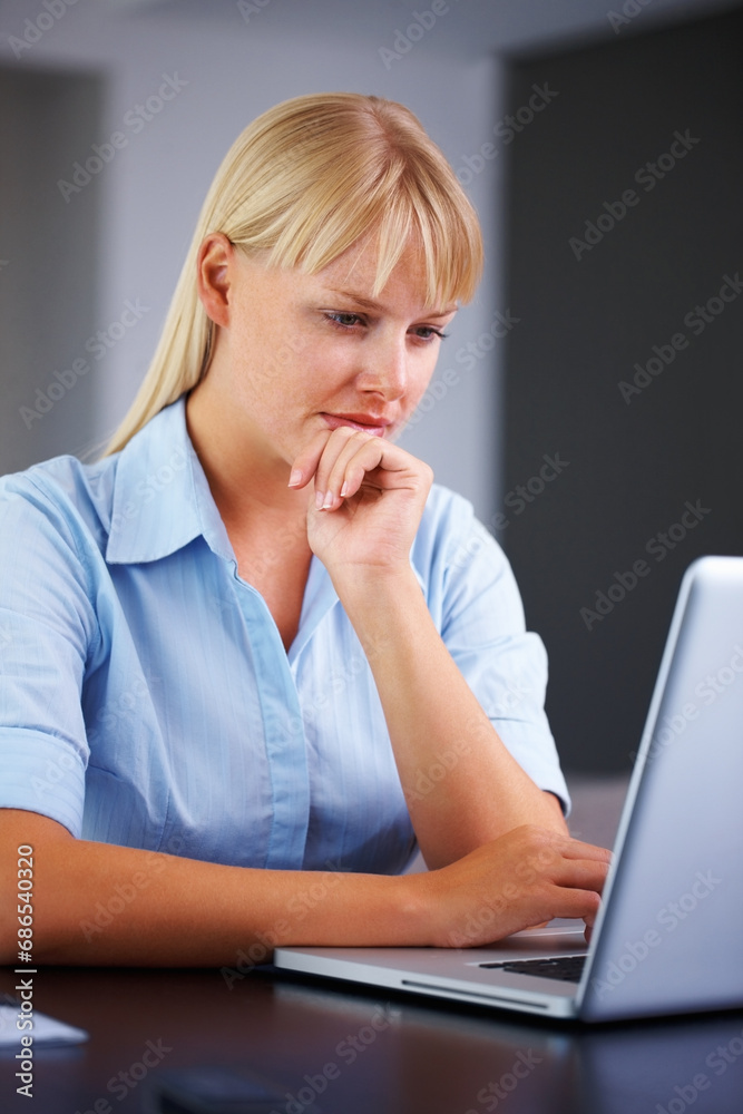 Laptop, thinking and business woman in office for working online, reading website and planning. Corporate, workplace and worker on computer brainstorming ideas for project, networking and research Laptop, thinking and business woman in office for working online, reading website and planning. Corporate, workplace and worker on computer brainstorming ideas for project, networking and research