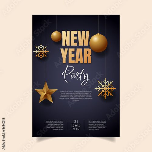 Holiday Party invitation with hanging gold 3d baubles -  - Vector.