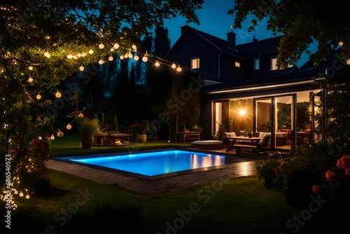 Summer evening on the patio of beautiful suburban house with lights in the garden garden © Malaika