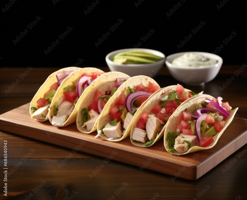 Tacos with chicken, onions, tomatoes and lettuce. Generative AI. Tacos with chicken, onions, tomatoes and lettuce. Generative AI.