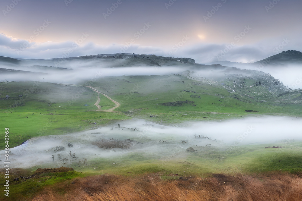 Mountain landscape in misty weather