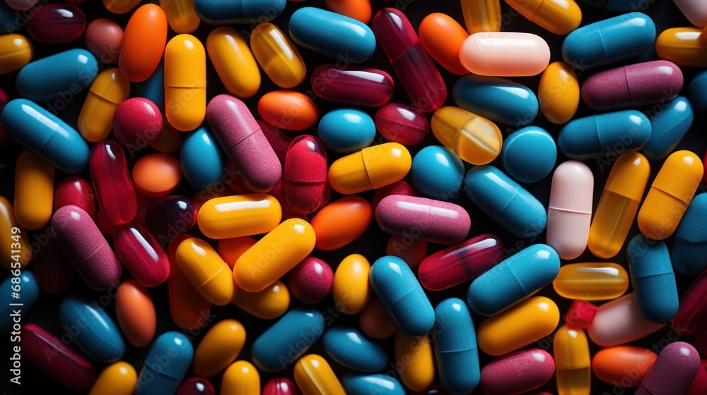 Background of multi colour pills. Medicine,, pharmacology concept. Close up of drugs capsules.