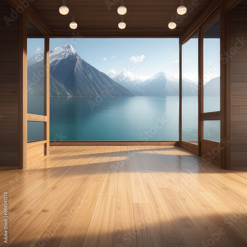Wooden floor with copyspace against sea and green hills. Planked wooden twxture and landscape photo
