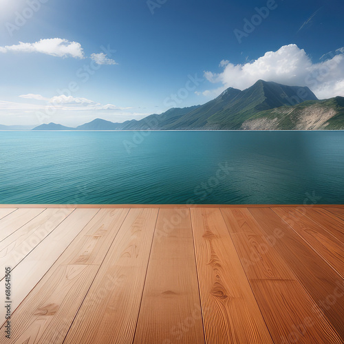 Wooden table with copyspace against sea and green hills. Planked wooden twxture and landscape © Михаил Таратонов