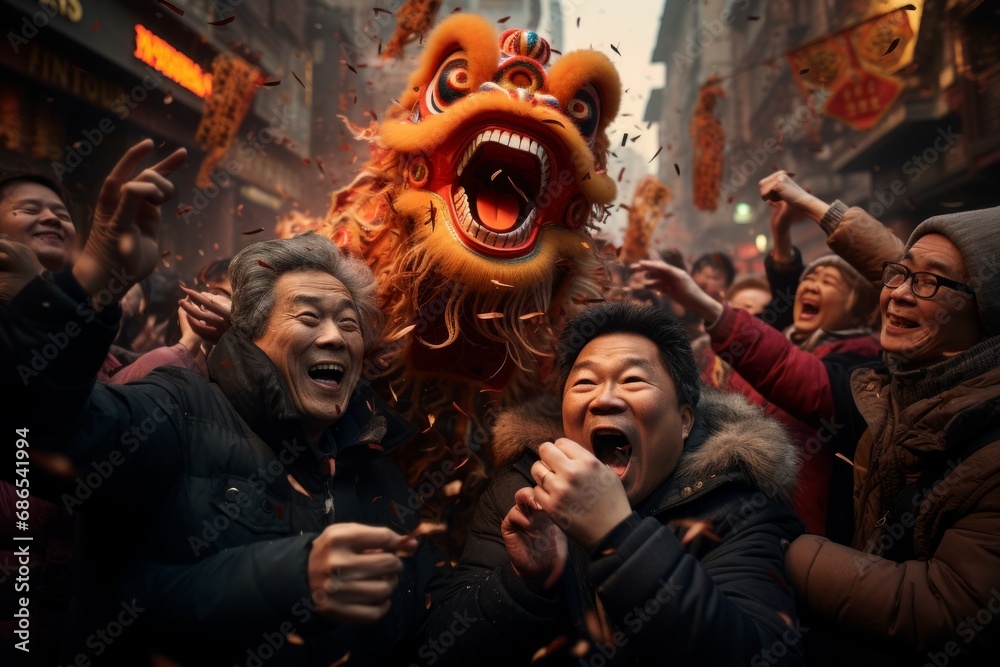 Fototapeta premium Celebration of chinese New Year: a huge crowd mass of cheerful people in colorful costumes walking down the streets carrying a red dragon