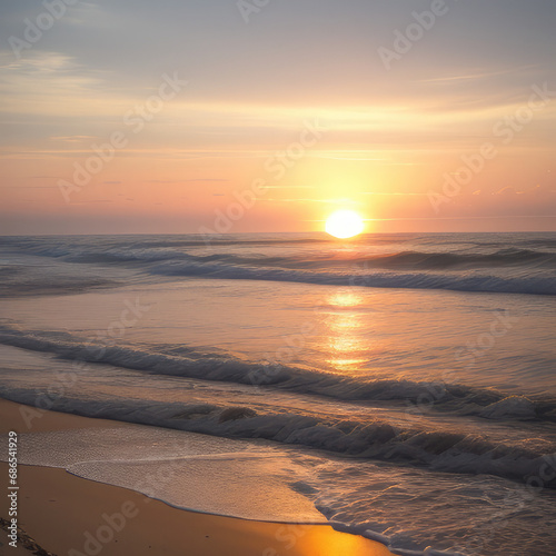Beautiful ocean shore landscape with sand beach in sunset 