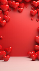 Red podium background for product, Symbols of love for women's holiday, Valentine's Day, 3D rendering.