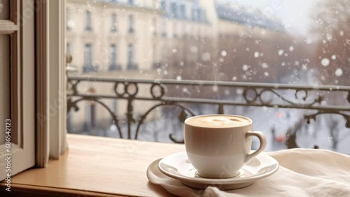 A warm cup of coffee by the window with cozy winter vibes. Seamless Looping Time-Lapse Virtual Video Animation Background.. Generated with AI