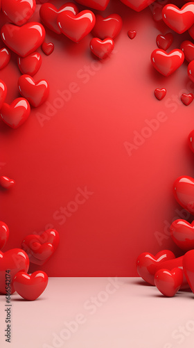 Red podium background for product, Symbols of love for women's holiday, Valentine's Day, 3D rendering. photo
