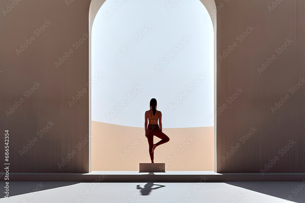 Obraz premium Back view of a woman practicing yoga in a gateway to the desert