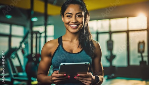 A fit muscular female personal trainer is holding tablet in her hands and smiling at the camera in a gym photo