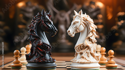 Two handmade chess figures. The black and white horse facing each other.