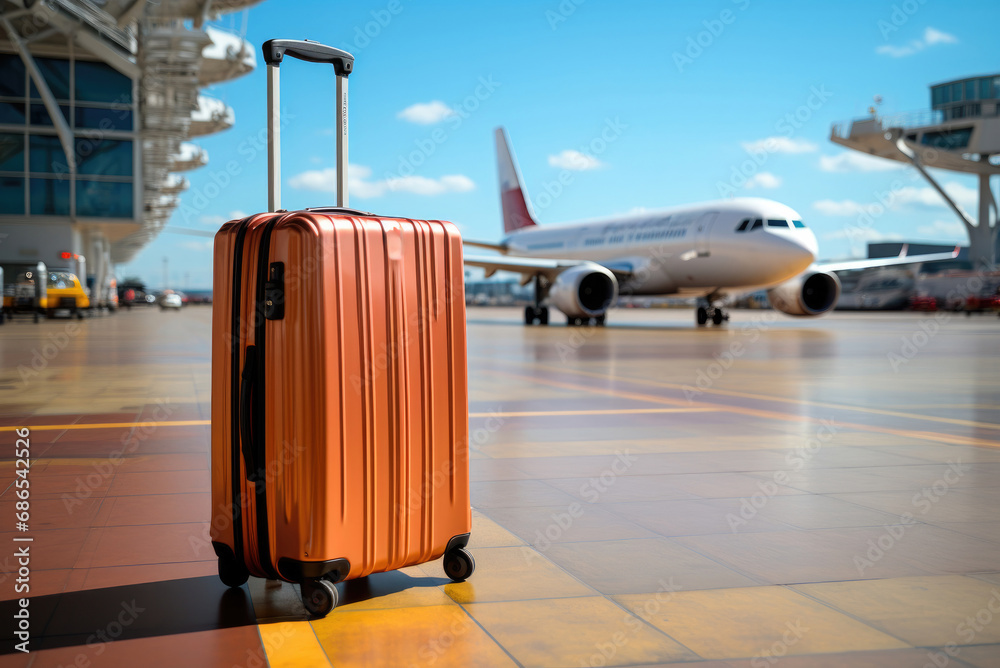 Suitcase in terminal airport, behind that's airplane park is going to flight and travel Suitcase in terminal airport, behind that's airplane park is going to flight and travel