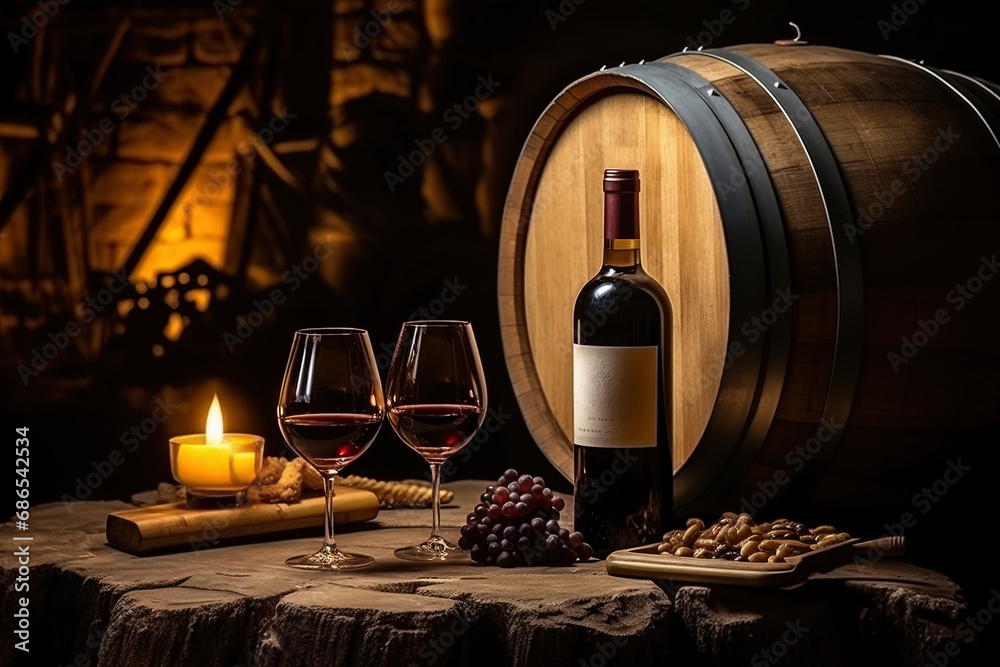 Crédence de cuisine avec Wine bottle with white label without text, glasses and fruits, soft light, cozy atmosphere #686542534