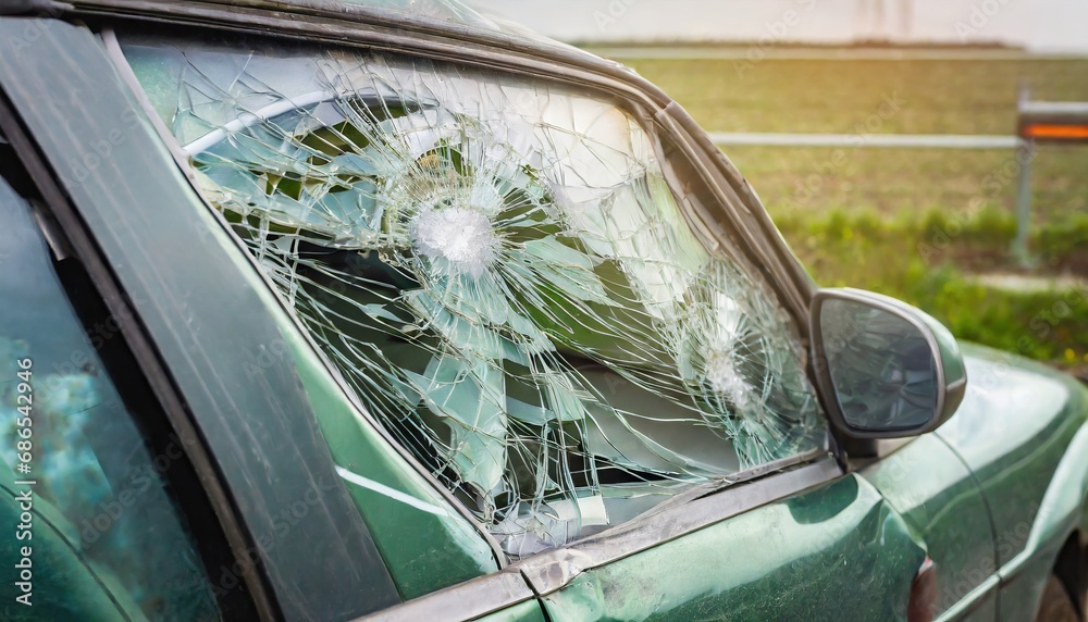 Fototapeta premium Closeup of crashed car window in car accident
