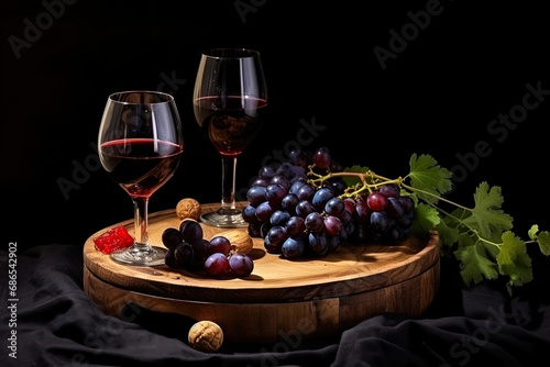 Red wine glasses, wooden plate with grapes and fruits, soft light in a cozy atmosphere