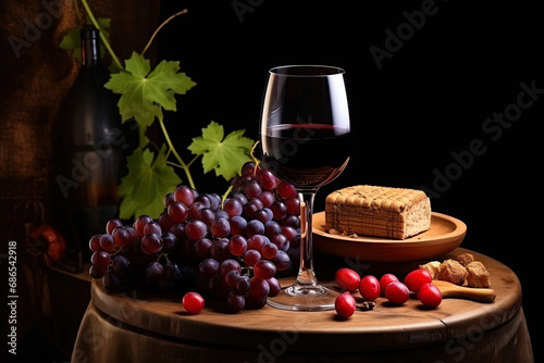Glass of red wine, fresh grapes, sandwich, soft light in a cozy atmosphere