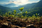 Young plants grow in a field against a backdrop of mountains