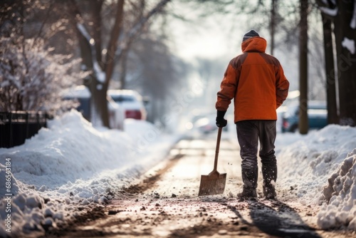 A man clears snow on the sidewalk after a heavy snowfall. Janitor digging snow with a shovel photo