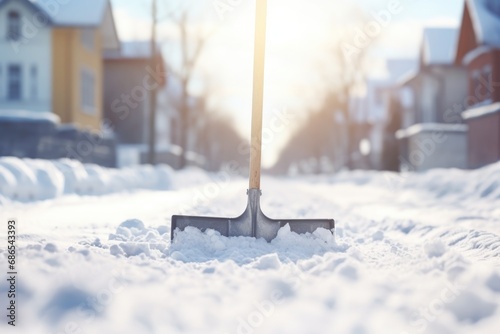 A snow shovel got stuck in a snowdrift in winter. Snowy weather in winter. photo