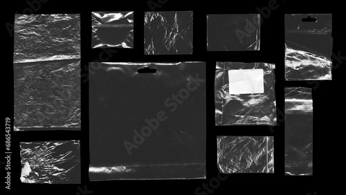 set of plastic bags with stickers on black background, texture looks blank and shiny, plastic surface is wrinkly, Y2K old, vintage realistic nylon cellophane bags with lock or zip crumpled and ripped  photo