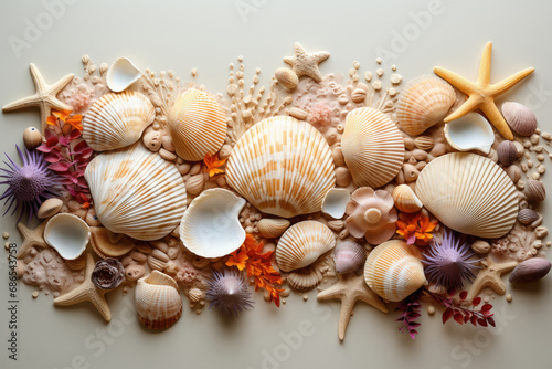 Sandy beach, background seashells, copy space, sea vacation concept