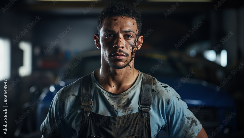 A young man with curly hair and clothes dirty from work looks seriously at the camera in a car workshop. A young man with curly hair and clothes dirty from work looks seriously at the camera in a car workshop.