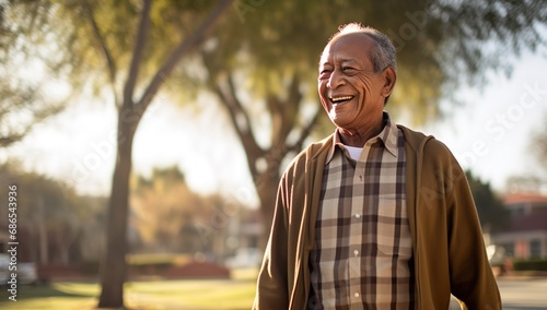 An elderly Latino man with a smile on his face walks in a sunny park.