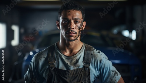 A young man with curly hair and clothes dirty from work looks seriously at the camera in a car workshop.