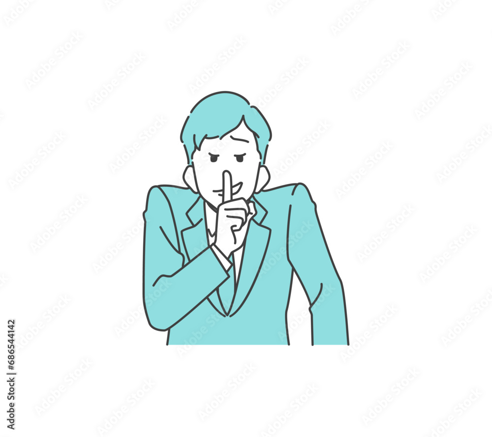 内緒のポーズをしながら薄笑いを浮かべるビジネスマン 内緒のポーズをしながら薄笑いを浮かべるビジネスマン