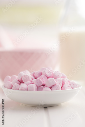 Mini sweet marshmallows candy in bowl.