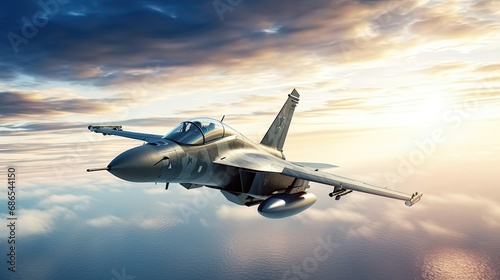 Air force fighter flying over the ocean at low altitude photo