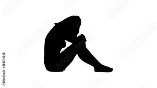 Unrequited love, depressed girl sitting on the floor, black isolated silhouette