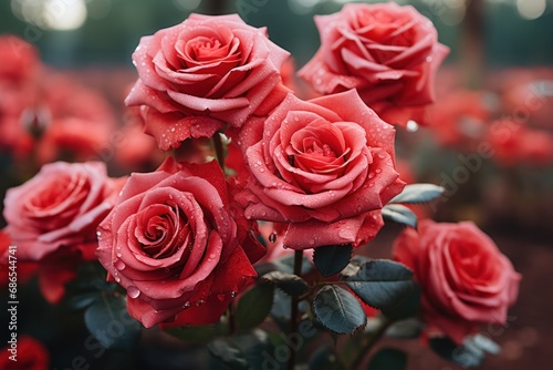 Group of red and pink roses blooming, close-up shot, showcasing intricate petal details against soft-focus background.