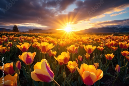 Vibrant tulip field. Rows of yellow, red and pink flowers under bright sunlight.