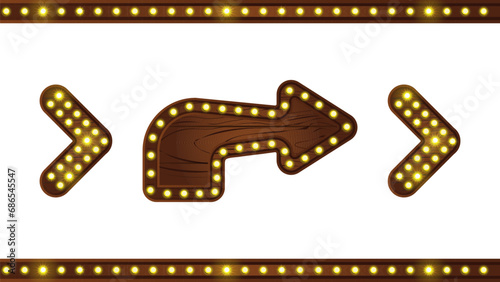 Arrow sign light with wood texture for circus or casino vintage frame. 3d neon direction signboard to Las Vegas cinema or theater. Isolated wooden ui game illuminated pointer set with led bulb