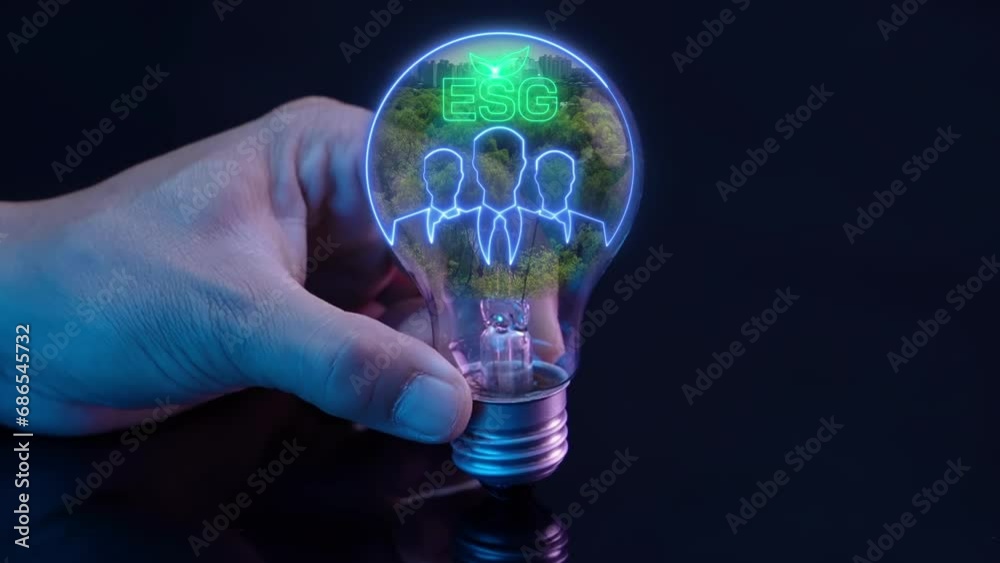 custom made wallpaper toronto digitalNeon illustration group of business man, above show ESG icon, city and forest background. Their are in lightbulb, handle by human hand. The ESG, safe earth, green energy concept.