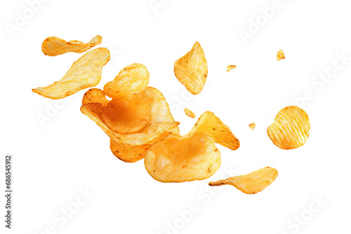 Potato chips fried falling in the air isolated on transparent background, snack time, junk food and high calories concept, crispy snack pieces.