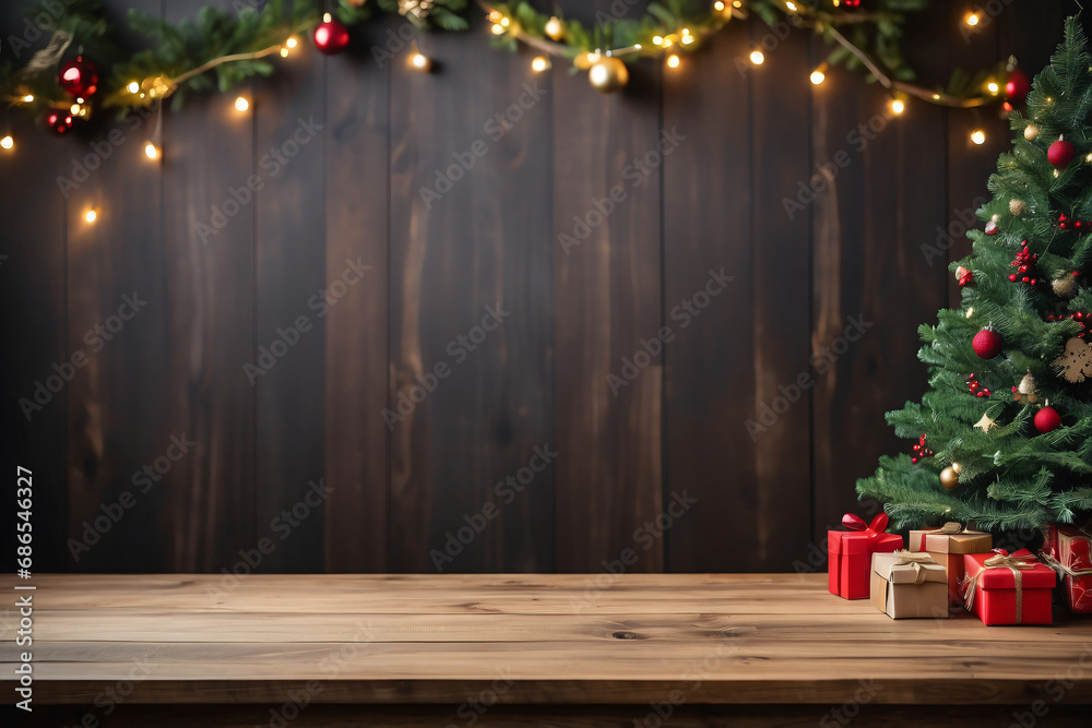 Product display mockup featuring a wooden table top with a festive Christmas tree background.
