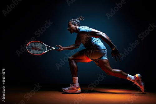Determined and athletic man plays badminton, showing strength, concentration and speed in the studio. © Iryna