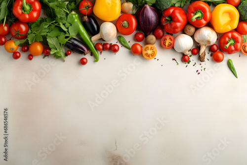 Layout of vegetables on a light background with space for text and design. © Мария Фадеева