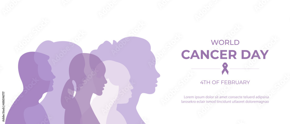 World cancer day banner.Vector illustration with silhouettes of people and lavender ribbon. World cancer day banner.Vector illustration with silhouettes of people and lavender ribbon.