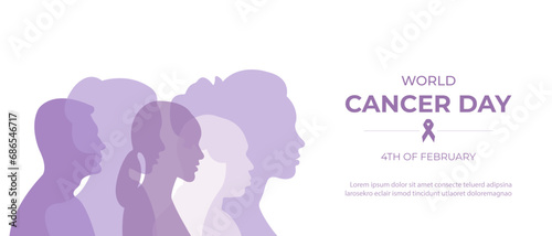 World cancer day banner.Vector illustration with silhouettes of people and lavender ribbon.