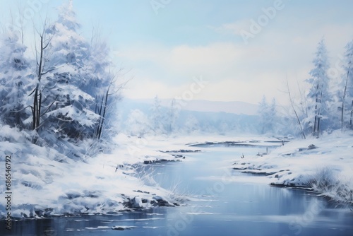 A monochromatic blue painting of a winter landscape with generative ai © ImronDesign