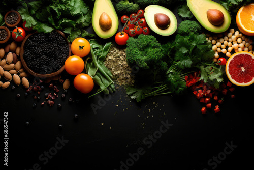 Flat lay vegan food on the table with copy space. Soybeans, nuts, avocados, citrus fruits, broccoli and greens