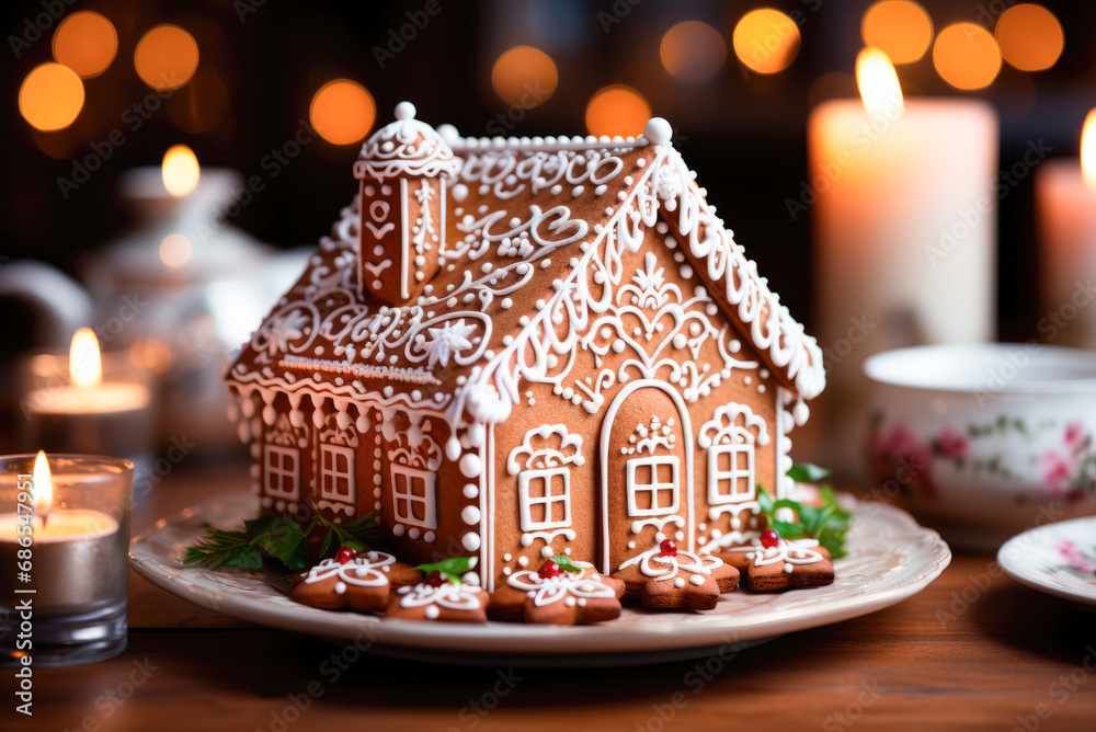 Traditional Christmas gingerbread house with icing on the background of garlands of lights